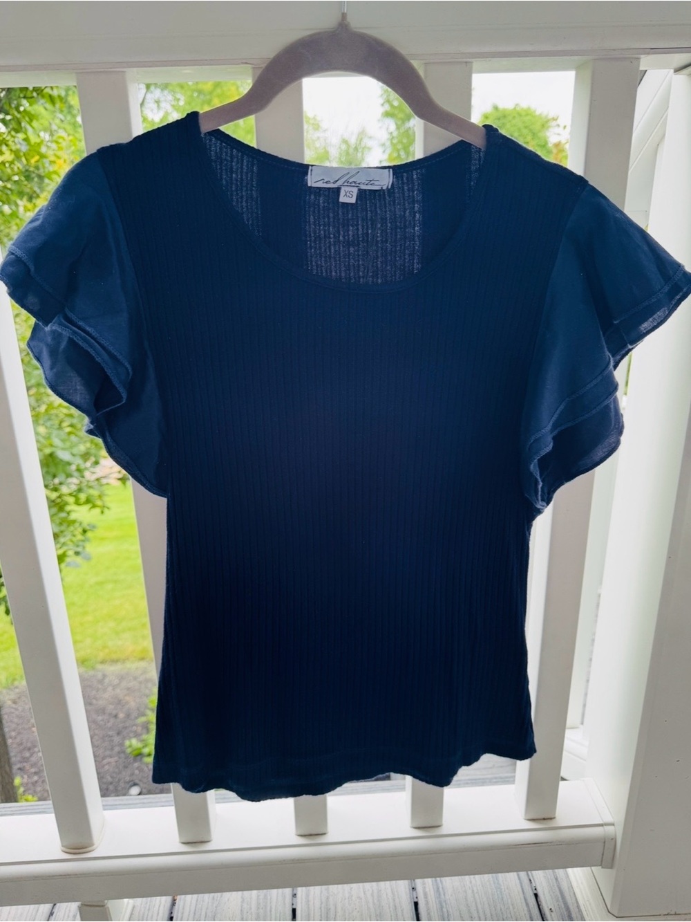 NWT Red Haute Navy Ribbed Short Sleeve Double Ruffle Top, XS